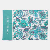 Blauw Boho Vintage Bloem Monogram Theedoek (Horizontaal)
