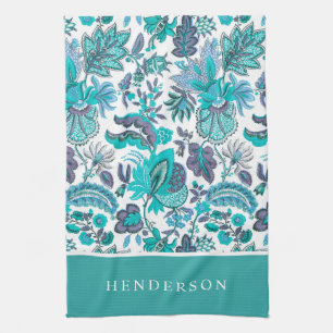 Blauw Boho Vintage Bloem Monogram Theedoek
