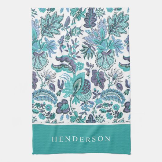 Blauw Boho Vintage Bloem Monogram Theedoek (Verticaal)
