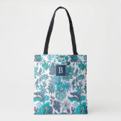 Blauw Boho Vintage Bloem Monogram Tote Bag (Voorkant)