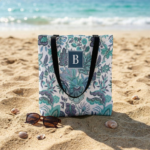 Blauw Boho Vintage Bloem Monogram Tote Bag