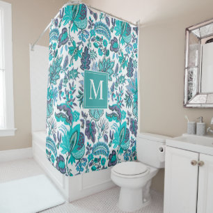 Blauw Boho Vintage Bloemen Monogram Douchegordijn