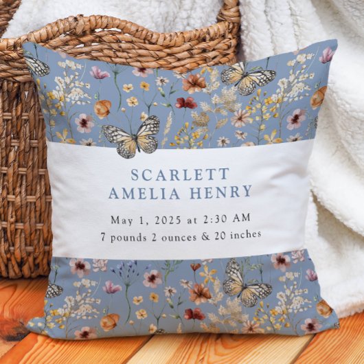 Blauw Boho Wilde Bloem Baby Statistieken Kussen