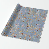 Blauw Boho Wilde Bloem Cadeaupapier (Uitgerold)