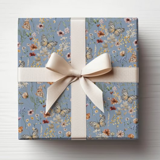 Blauw Boho Wilde Bloem Cadeaupapier