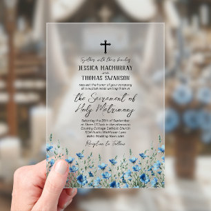 Blauw Boho Wilde Bloemen Moderne Katholieke Trouwd Acryl Uitnodigingen