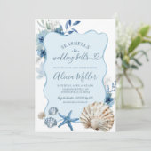 Blauw Boho Zomer Strand Bruidsfeest Uitnodiging (Staand voorkant)