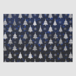 Blauw Bokeh en Zilver Folie Kerstbomen Tissuepapier