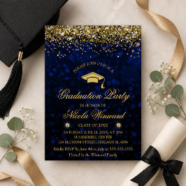 Blauw Bokeh & Gouden Glitter Afstudeerfeest Kaart