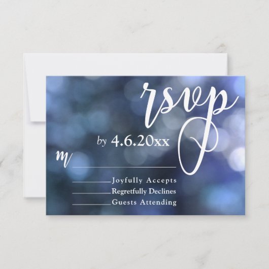 Blauw Bokeh Licht & Typografie 32 Bruiloft RSVP (Voorkant)
