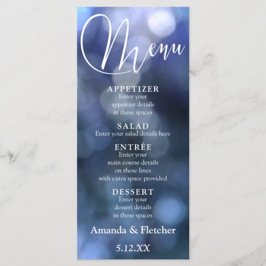 Blauw Bokeh Licht & Typografie 32 Trouwmenu 2 Menu (Voorkant)