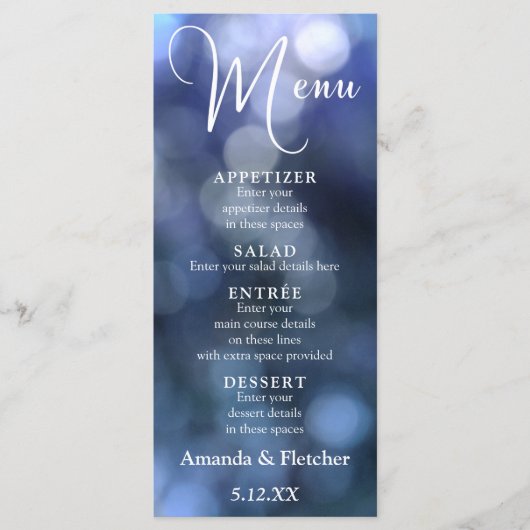 Blauw Bokeh Licht & Typografie 32 Trouwmenu Menu (Voorkant)