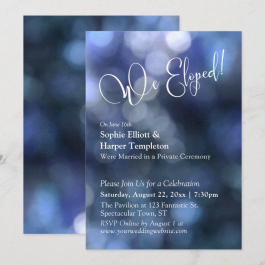 Blauw Bokeh Licht & "We Eloped" Typografie Kaart (Voorkant / Achterkant)