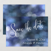 Blauw Bokeh, Moderne Calligrafie om de datum te re Save The Date (Voorkant / Achterkant)