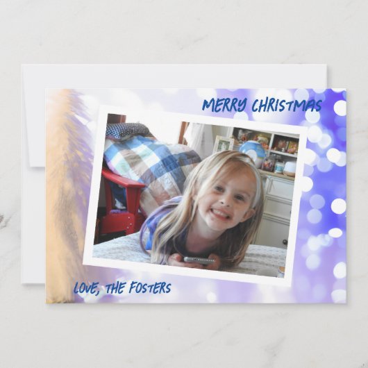 Blauw Bokeh Wit Kerstboom Foto Vakantie Feestdagenkaart (Voorkant)