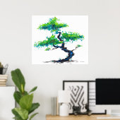 Blauw Bonsai Waterverf Poster afdrukken (Thuiskantoor)