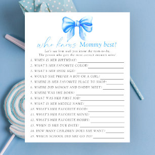 Blauw boog baby shower Wie weet mama beste spel