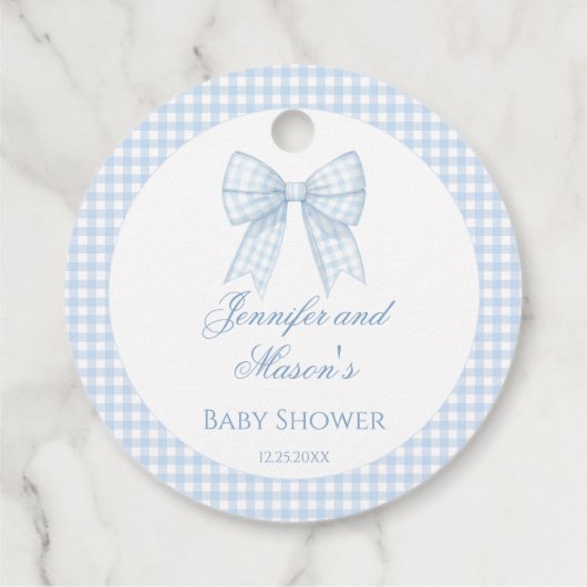 Blauw boog lint gingham baby jongen douche dank u bedankjes labels (Achterkant)