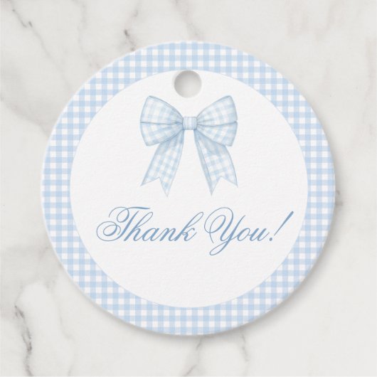 Blauw boog lint gingham baby jongen douche dank u bedankjes labels (Voorkant)