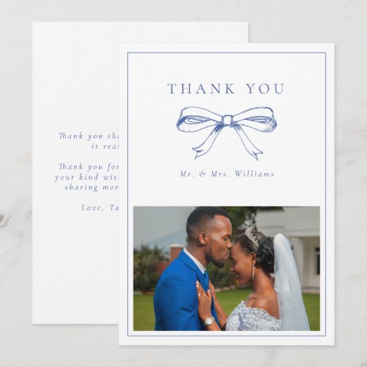 Blauw Boog Mr. & Mrs. Foto Vlak Huwelijk Bedankkaart (Voorkant / Achterkant)