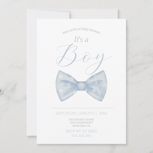 Blauw boog stropdas het is jongen baby shower uitn kaart (Voorkant)