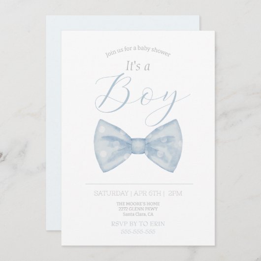 Blauw boog stropdas het is jongen baby shower uitn kaart (Voorkant / Achterkant)