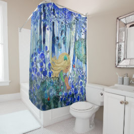 Blauw Bos Douche met meisje Gordijn