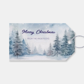 Blauw bos in de sneeuw Persoonlijke Kerstmis Cadeaulabel