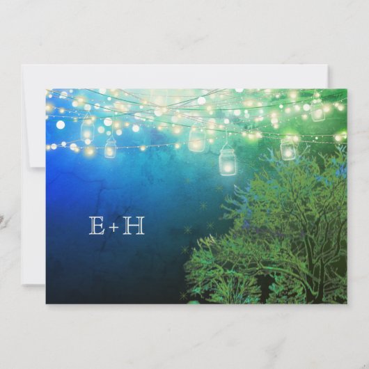 Blauw Bos Mason Jar Fairy Lights Bruiloft Kaart (Achterkant)