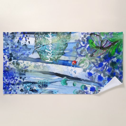 Blauw bos met naam strandlaken (Voorkant)