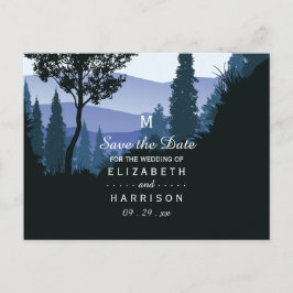 Blauw boslandschap, Rustic trouwkaart Save the Dat Aankondigingskaart