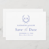 Blauw Botaniacal Crest Monogram Sla de datum op Kaart (Voorkant / Achterkant)