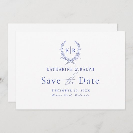 Blauw Botaniacal Crest Monogram Sla de datum op Kaart (Voorkant / Achterkant)