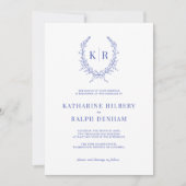 Blauw Botaniacal & Lint Kam Monogram Bruiloft Kaart (Voorkant)