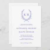 Blauw Botaniacal & Lint Kam Monogram Bruiloft Kaart (Voorkant / Achterkant)