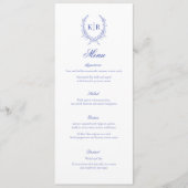 Blauw Botaniacal & Lint Kam Monogram Bruiloft Menu (Voorkant)
