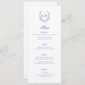 Blauw Botaniacal & Lint Kam Monogram Bruiloft Menu (Voorkant / Achterkant)