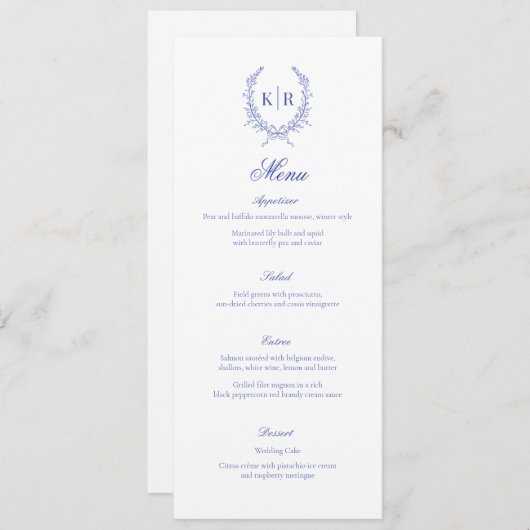 Blauw Botaniacal & Lint Kam Monogram Bruiloft Menu (Voorkant / Achterkant)
