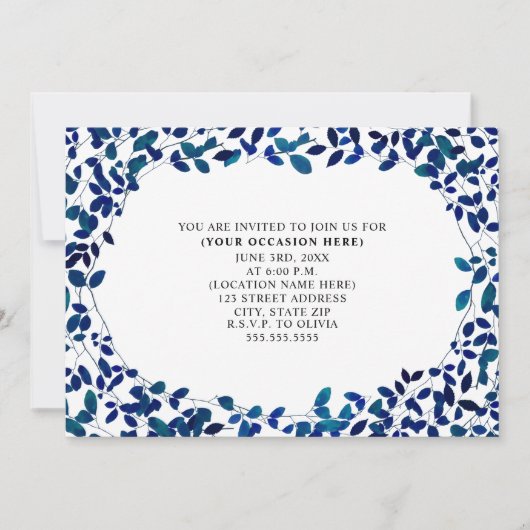 Blauw botanisch algemeen feest kaart (Voorkant)