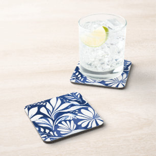 Blauw botanisch aquarel bloemmotief wit patroon bier onderzetter