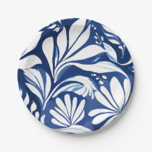 Blauw botanisch aquarel bloemmotief wit patroon