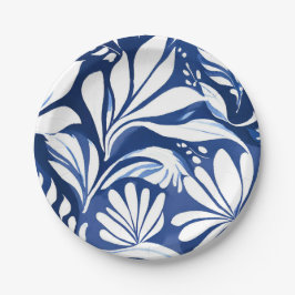 Blauw botanisch aquarel bloemmotief wit patroon papieren bordje