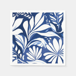 Blauw botanisch aquarel bloemmotief wit patroon servet