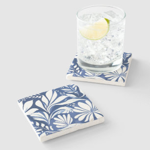 Blauw botanisch aquarel bloemmotief wit patroon stenen onderzetter