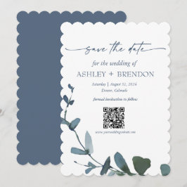 Blauw Botanisch Blad Bewaar de Datum met QR + Afbe Kaart