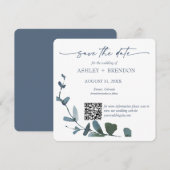 Blauw Botanisch Blad Bewaar de Datum met QR-code+A Kaart (Voorkant / Achterkant)