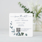 Blauw Botanisch Blad Bewaar de Datum met QR-code+A Kaart (Staand voorkant)