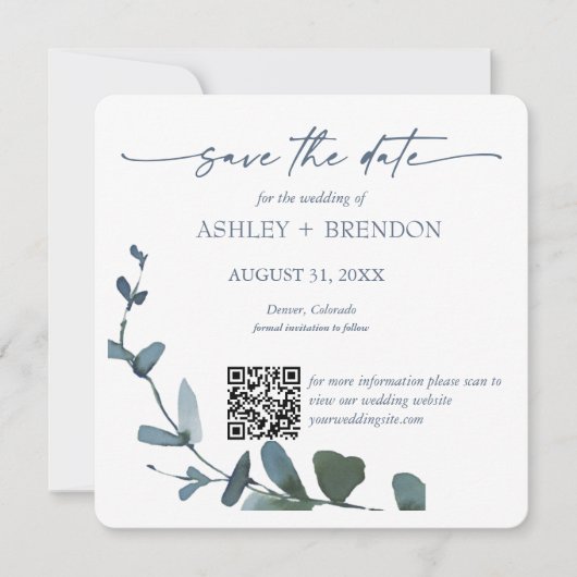 Blauw Botanisch Blad Bewaar de Datum met QR-code+A Kaart (Voorkant)