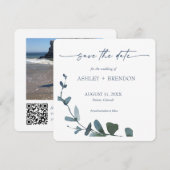 Blauw Botanisch Blad Bewaar de Datum met QR-code+A Kaart (Voorkant / Achterkant)