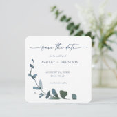 Blauw Botanisch Blad Bewaar de Datum met QR-code+A Kaart (Staand voorkant)